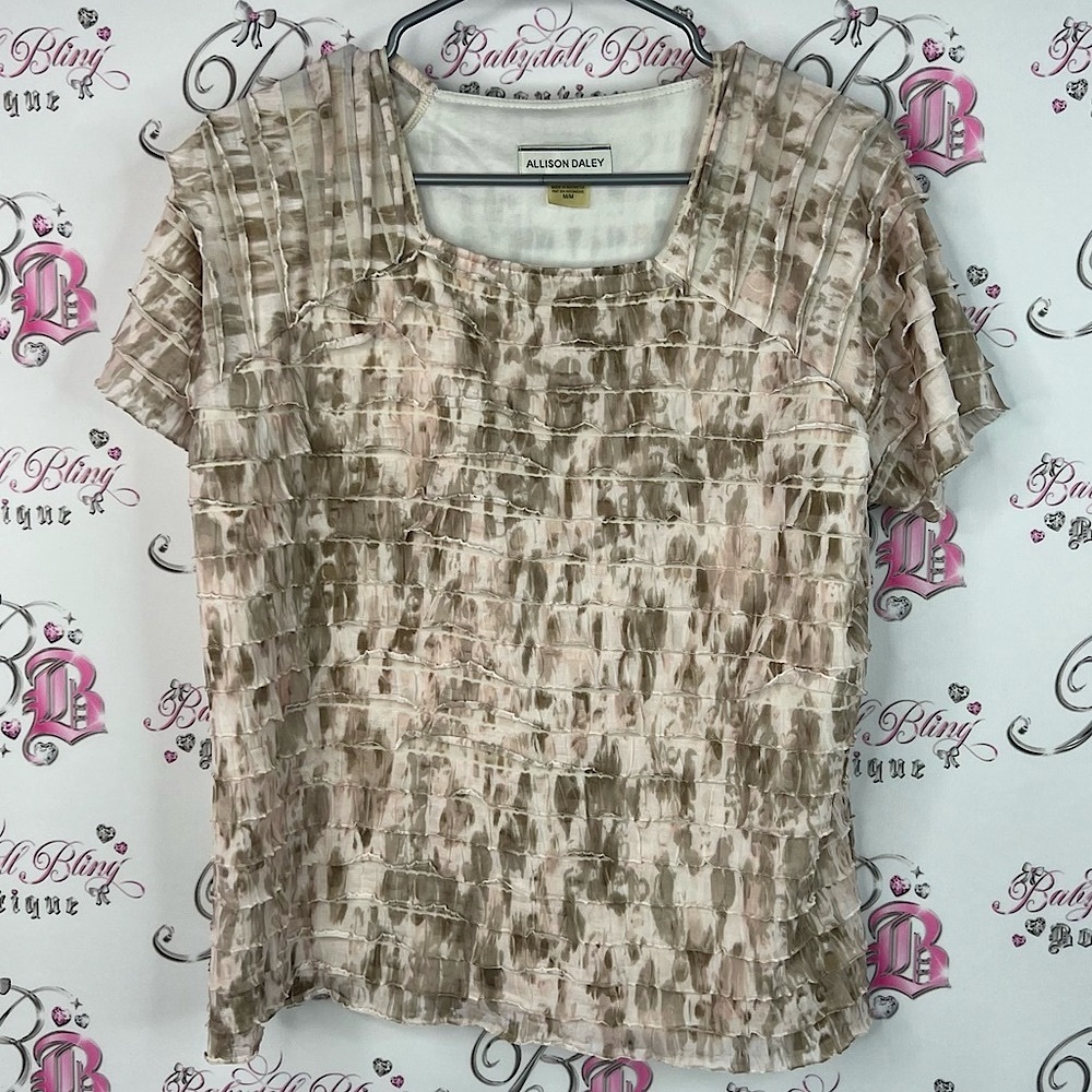 Allison Daley tshirt ruffle tie dye print boho Cream and Brown Textured Blouse